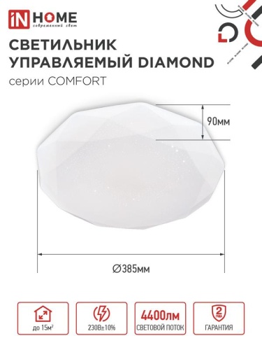 Светильник светодиодный COMFORT DIAMOND 55Вт 3000-6500К 4400лм 230В 330х80мм с пультом ДУ IN HOME 4690612035048 фото 2