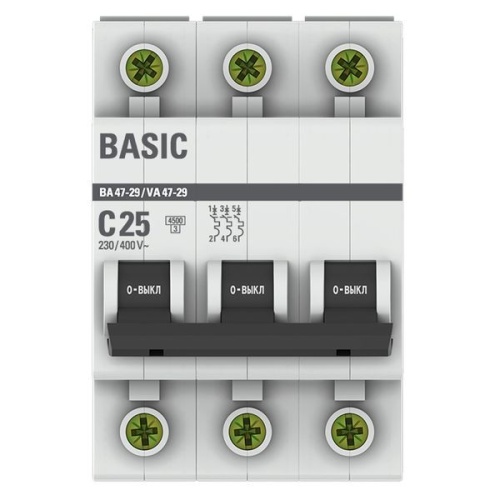 Выключатель автоматический модульный 3п C 25А 4.5кА ВА 47-29 Basic EKF mcb4729-3-25C фото 2