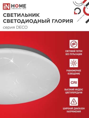 Светильник светодиодный DECO ГЛОРИЯ 12Вт 6500К 1080лм 230В 210х65мм IN HOME 4690612022222 фото 3